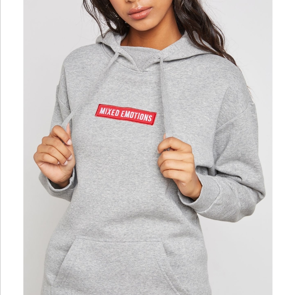 Forever 21 Gray "Mixed Emotions" Hoodie Pullover Sm Unisex Applique Pocket EUC